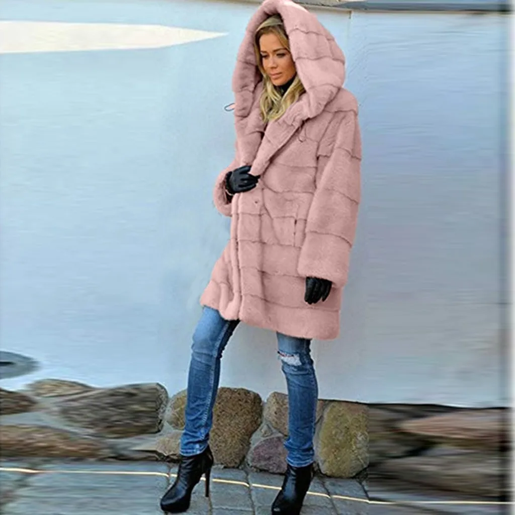 Vintage fluffy hoodie faux fur coat women Winter grey jacket coat female Plus size warm long casual outerwear overcoat