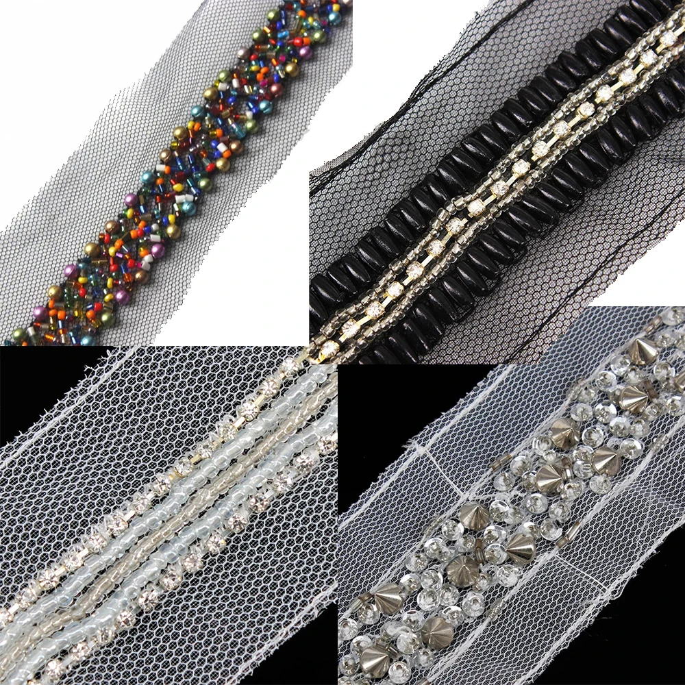 1yard Braided Beaded Sequin Rivets Trim Rhinestones Lace Ribbon Applique Decorated Bridal Dress Sewing Accessories T1555 | Дом и сад