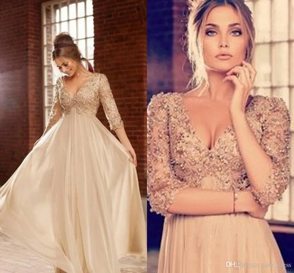 

robe de soiree Vintage Beading Champagne Gold Spring Sexy Cheap V Neck Evening 2018 Party Gowns mother of the bride dresses