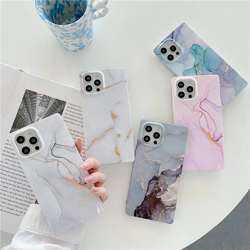 Square Vintage Marble Phone Case For iPhone 13 11 12 Pro Max X XR XS Max 7 8 Plus 11 Luxury Camera Protection Back Cover