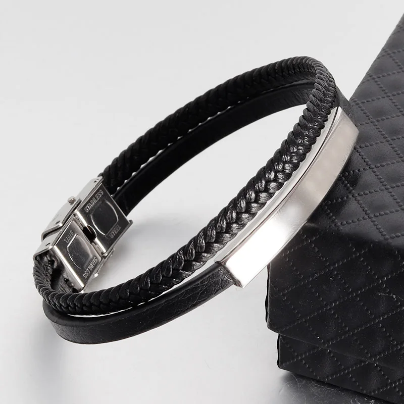 AZIZ BEKKAOUI, браслет из нержавеющей стали с двойным слоем и гравировкой, черный кожаный браслет для женщин, мужской браслет, Индивидуальные ювелирные изделия