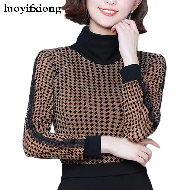 Женские топы и блузки с длинным рукавом, модная кружевная блузка с принтом, женские рубашки с высоким воротом, облегающие корейские повседневные блузы размера плюс