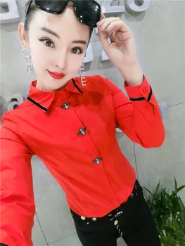 

office lady's long sleeve 3D bee Shirts Spring full sleeve women's red shirts female rhinestones bee tops