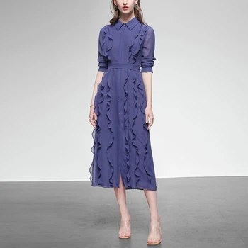 

2020 New Women's Ruffled Chiffon Long Fairy Temperament Shirt Long Sleeve Mid-length Dress