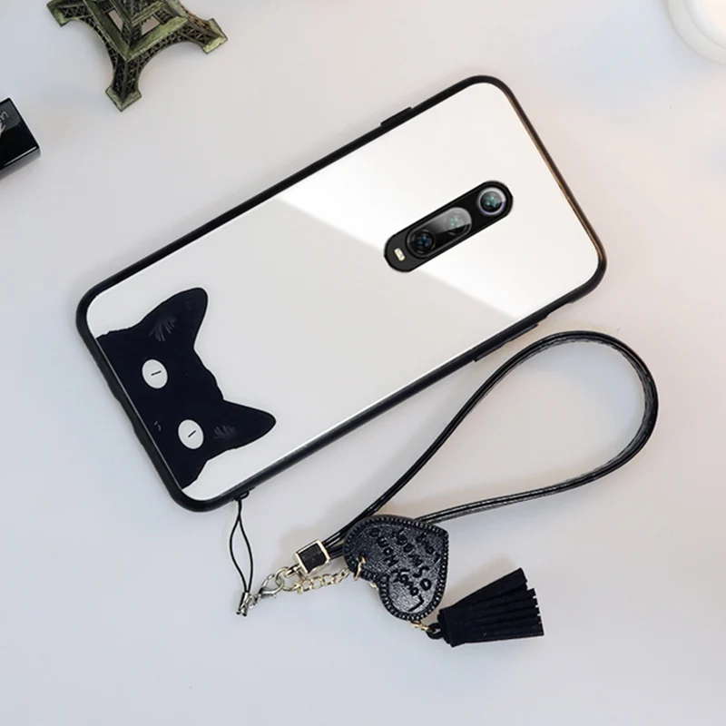 02 Чехол и ремешок для Oneplus 7 Pro 6, стеклянный жесткий чехол для телефона, задняя крышка для Oneplus 7 one plus 6, простой милый кошачий ремешок, funda - Цвет: 02