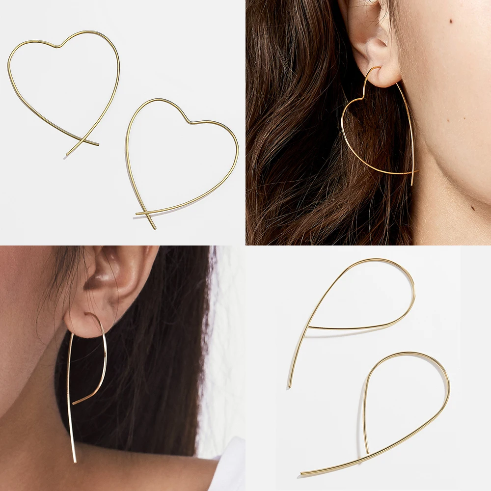 

Minimalist Jewelry Heart Thread Stud Earrings for Women Elegant Gold Silver Long Hook Earrings Simple Geometric Earrings Brincos