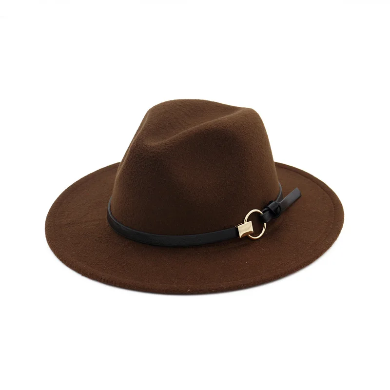 Европейская ковбойская фетровая шляпа с широкими полями, Панама, Трилби, джаз, фетровые шляпы с кожаной пряжкой, простая лента, шерстяная шляпа для женщин - Цвет: Шоколад Цвет