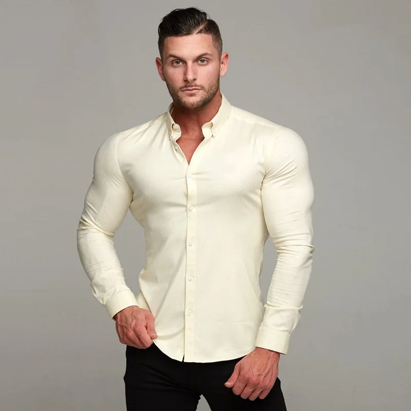 2023 Running Training Shirts men Casual yellow Long Sleeve Slim Fit Sport Shirt Tops Formal Dress costume Joker Single Breasted