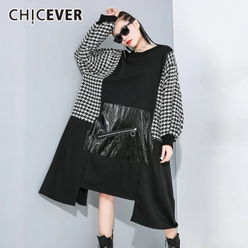 

CHICEVER Korean Patchwork Hit Color Women Dresses O Neck Lantern Sleeve Oversize Loose Asymmetric Midi Dress Female 2020 Clothes