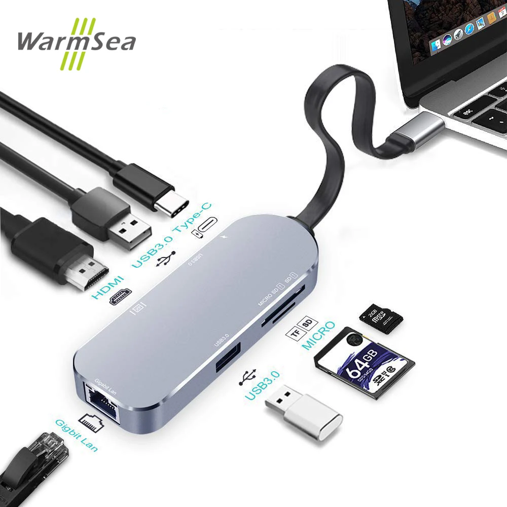 

USB C Hub Type C Adapter Thunderbolt 3 With 4K HDMI 1000Mbps USB 3.0 PD Power SD/TF Card Reader Ethernet Docking For Macbook Pro