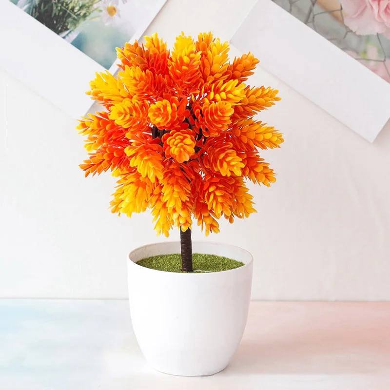 1× Plastic Artificial Fake Bonsai Potted Plant Ornament Home Office Garden Decor - Цвет: Orange