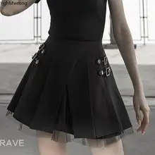 Высокая талия сбоку Пряжка ремень металлическая молния лоскутное кружево Тюль Черная Сексуальная плиссированная мини-юбка Женская готика, Харадзюку Панк Спортивный костюм