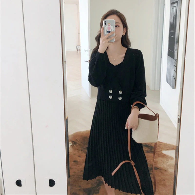 HAMALIEL New Fashion Women Pink Knitted Double-breasted Short Sweater Coat Twp Piece Set+ Halter Pleated Midi Dress Skirt Set