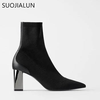 

SUOJIALUN 2020 Brand Designer Women Ankle Boots High Quality Black Slim Stretch Knitted Sock Boots High Heel Pointed Toe Shoes