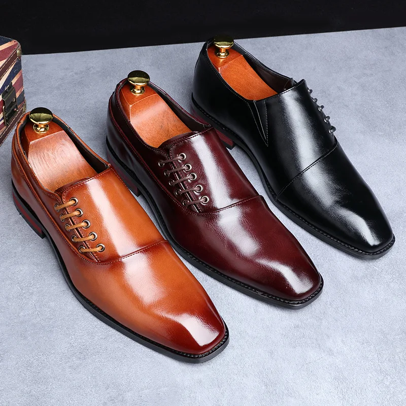 Men Leather Shoes Formal Dress Wedding Shoes Red Wine British Style Business Office Lace-Up Leather Loafers ui98