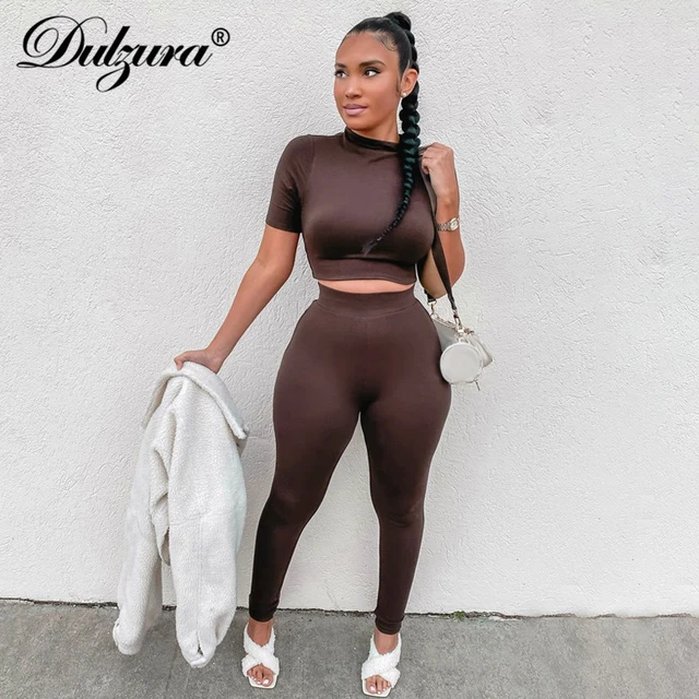 Dulzura Solid Women Two Piece Set Short Sleeve Gym Top Crops Leggings  Skinny Sporty Tracksuit 2021 Spring Summer Outfit Matching - AliExpress