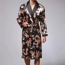 Plus Size Mens Bathrobe Silk Kimono Long Sleeve Robes Dressing Gown Print Sleepwear Satin Pajamas Men Night Gown Peignoir Homme