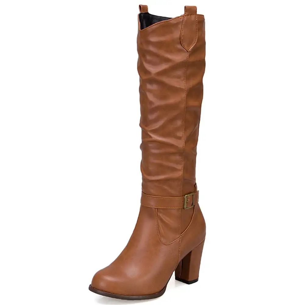 SARAIRIS Plus Size 33-48 Brand New Mid Calf Boots Ladies High Heels Belt Buckle Shoes Woman Casual Party Winter Boots Women - Цвет: tu huang se thin fur