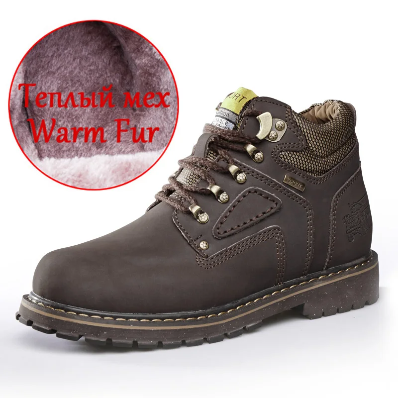 Fur Dark brown Классические мужские зимние сапоги зимние плюшевые теплые сапоги мужские короткие мужские мотоциклетные ботинки на шнуровке Нескользящая Водонепроницаемая Мужская Рабочая обувь - Цвет: Fur Dark brown
