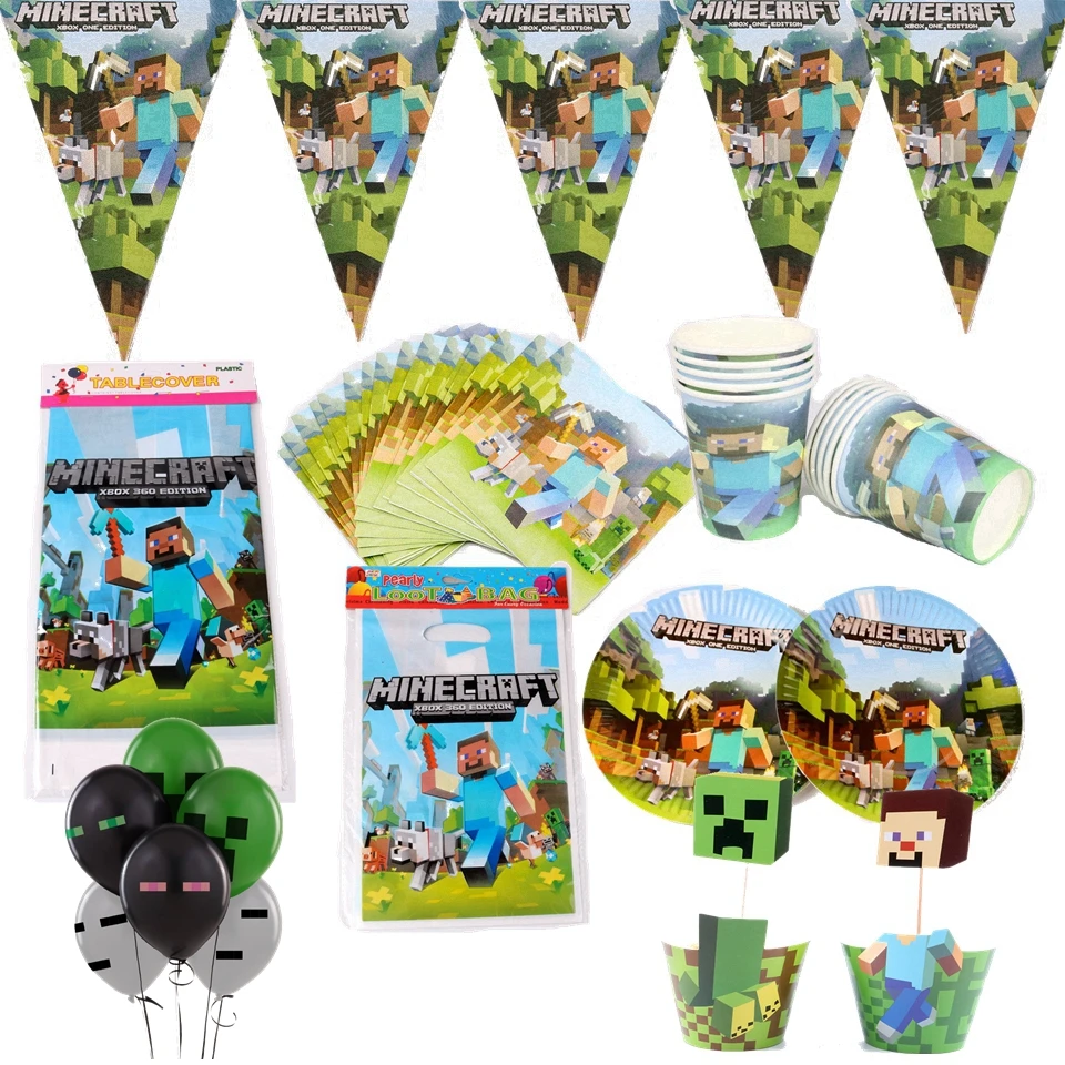 

Minecraft Theme Disposable Birthday Party Tableware Set Draw pocket Cups Tablecloth Flags Plates Kids Boys Party Decoration