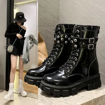 comprar Inverno Outono Botas De Couro Da Motocicleta Meados De Bezerro Botas Rendas Até Botas Góticas Pretas Fivela Martin Botas De Salto Grosso Feminino 35-43