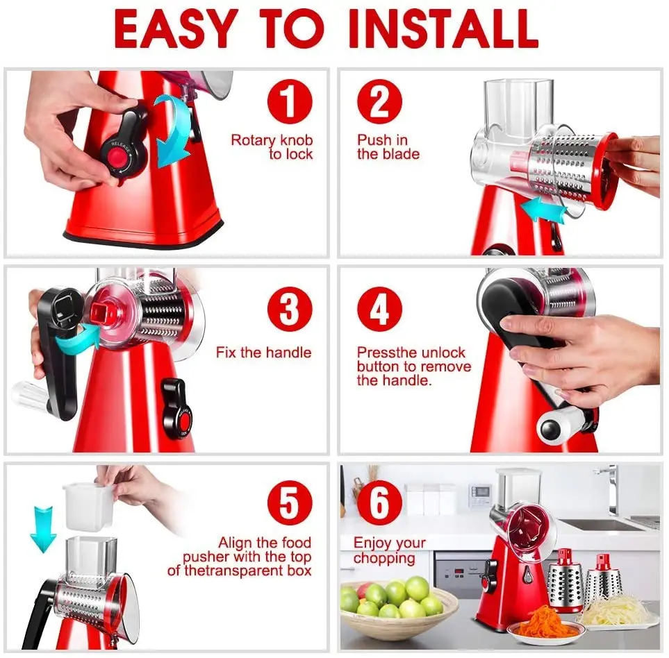 Manual Vegetable Fruit Mandoline Slicer Cheese Grater with 3Blades Fruit Cutter Nut Shredder Rotary Drum Chopper Kitchen Cozinha