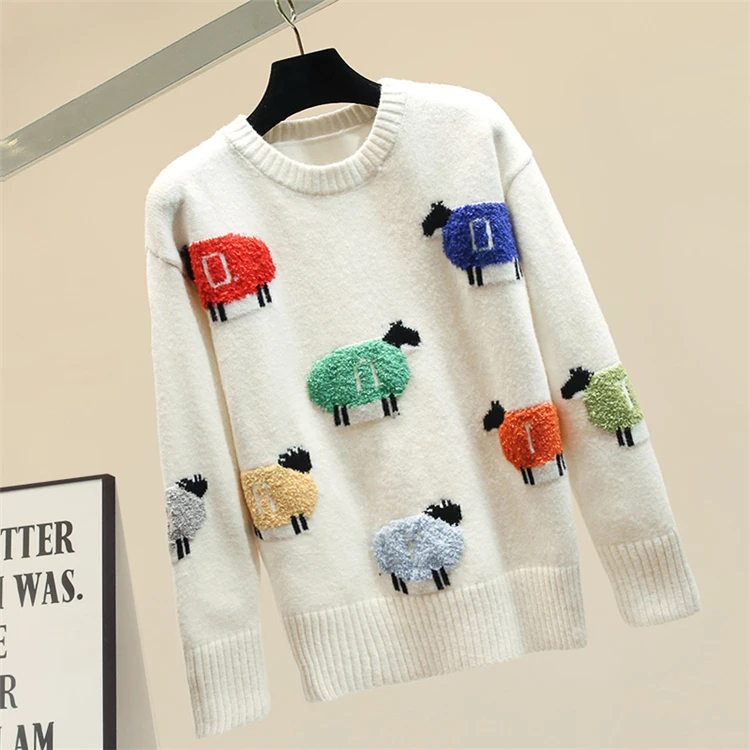 Осенне-зимний свитер для девочек, вязаный джемпер из овечьей шерсти, жаккардовые вязаные куртки, женские свободные белые свитера, студенческий свитер, Топ