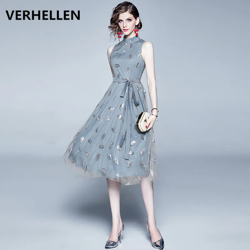 

VERHELLEN high quality Fashion Designer Runway Dress 2019 Autumn Women Long sleeve Stand Collar Sequined Elegant Party Dresses