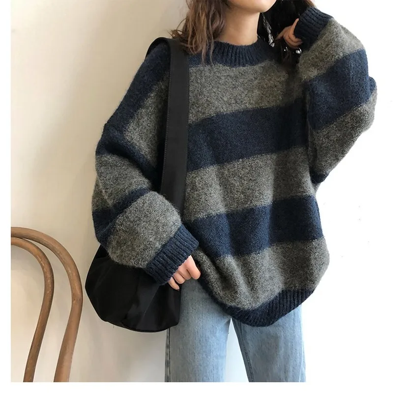 

Fashion Casual Ladies Oversized Sweater Retro Striped Loose Pullover Streetwear Winter New Knitted Pullover