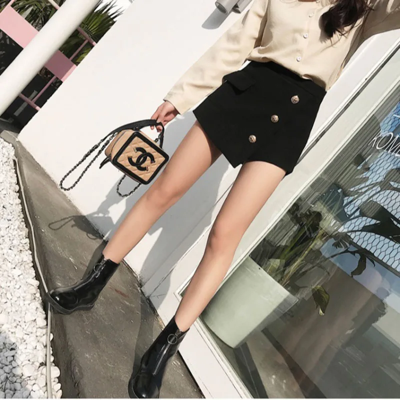 Women's Woolen Fabric Short Skirt Irregular Three Buckle Culottes High Waist A-line Skirt Culottes Female Above Knee Mini ML305