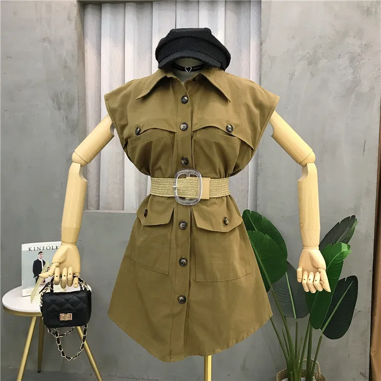 

2019 early autumn fashion new lapel tooling double pocket solid color single-breasted long sleeveless vest