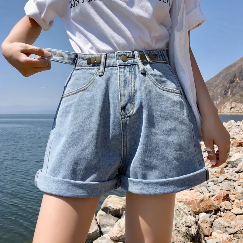 

Casual High Waist Solid Wide Leg Female Jean Shorts Women's Denim Shorts Summer Ladies Jean Shorts