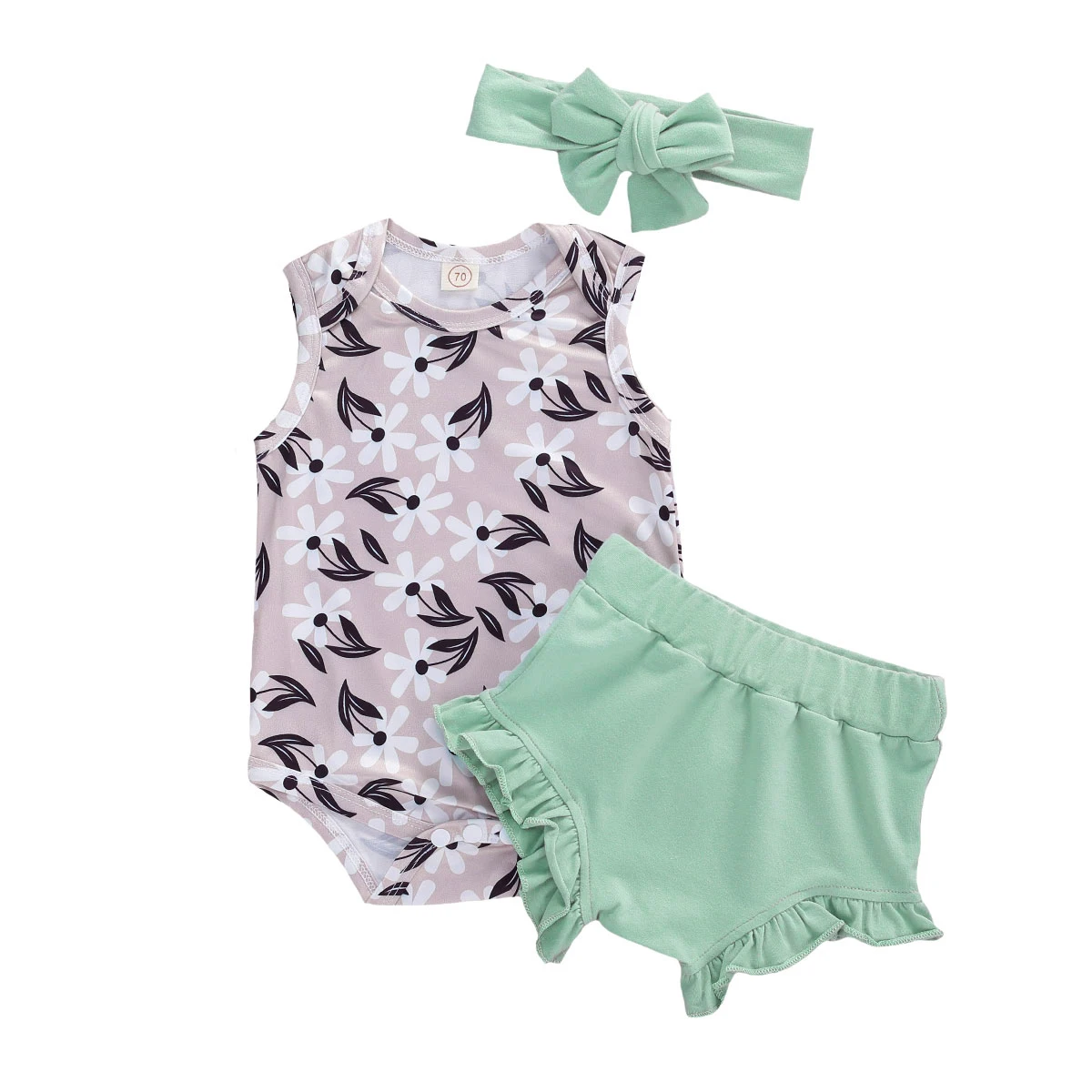 

AA 3Pcs Infant Girl Outfits Set Sleeveless One-Piece Romper + Shorts Bloomers with Headband Newborn Girls Clothes Set
