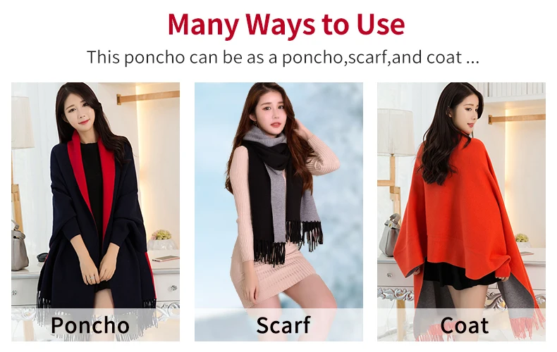 Women Winter Poncho with Sleeve Shawls and Wraps Pashmina Red Thicken Scarf Stoles Femme Hiver Warm Reversible Ponchos and Capes