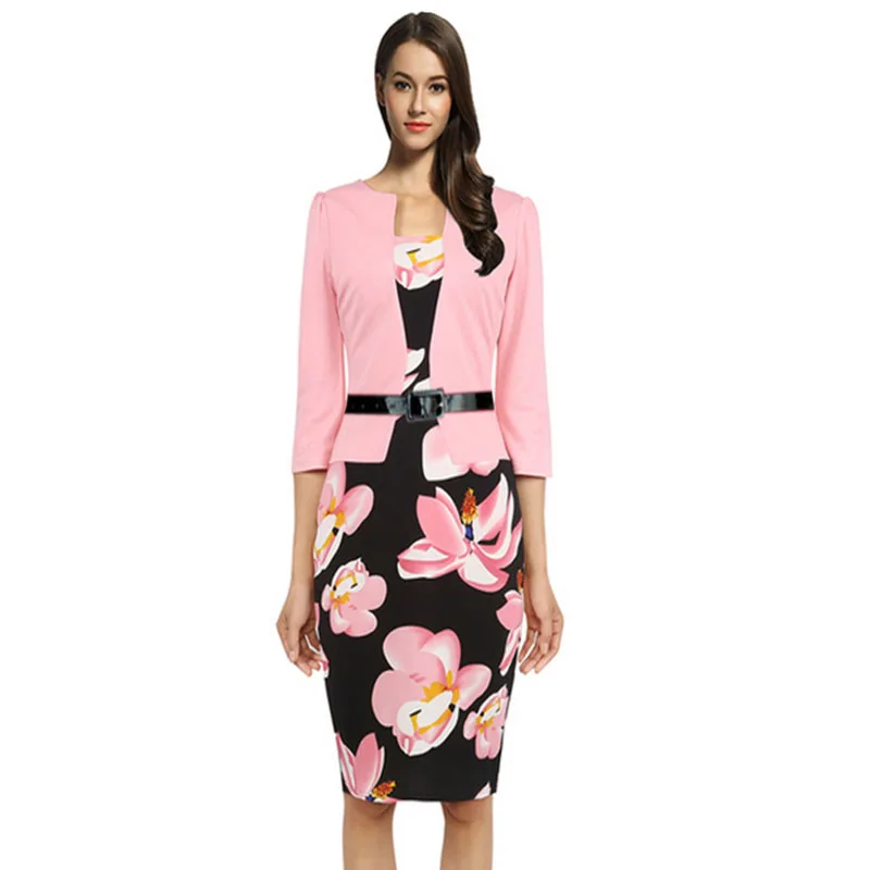 Formal Slim Office Ladies Dress Women Square Collar Puff Sleeve Pencil Dresses Autumn Spring High Waist Sashes Womens Dress