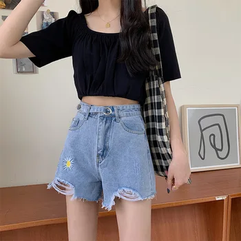 

Large Size Dress 2020 Summer New Style Fat mm 200 Small Daisy with Holes Frayed Denim Shorts Loose Pants