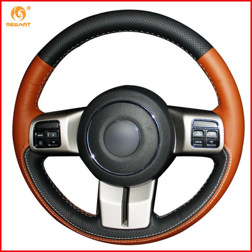 MEWANT Black Brown Genuine Leather Car Steering Wheel Cover for Jeep