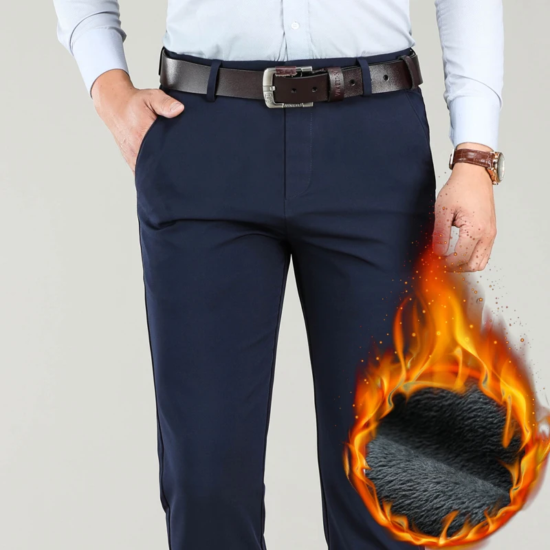 Большие размеры 40, 42, 44, зимние мужские теплые повседневные штаны, высокое качество, хаки, 97.5% хлопок, прямые эластичные плотные брюки, мужские брендовые