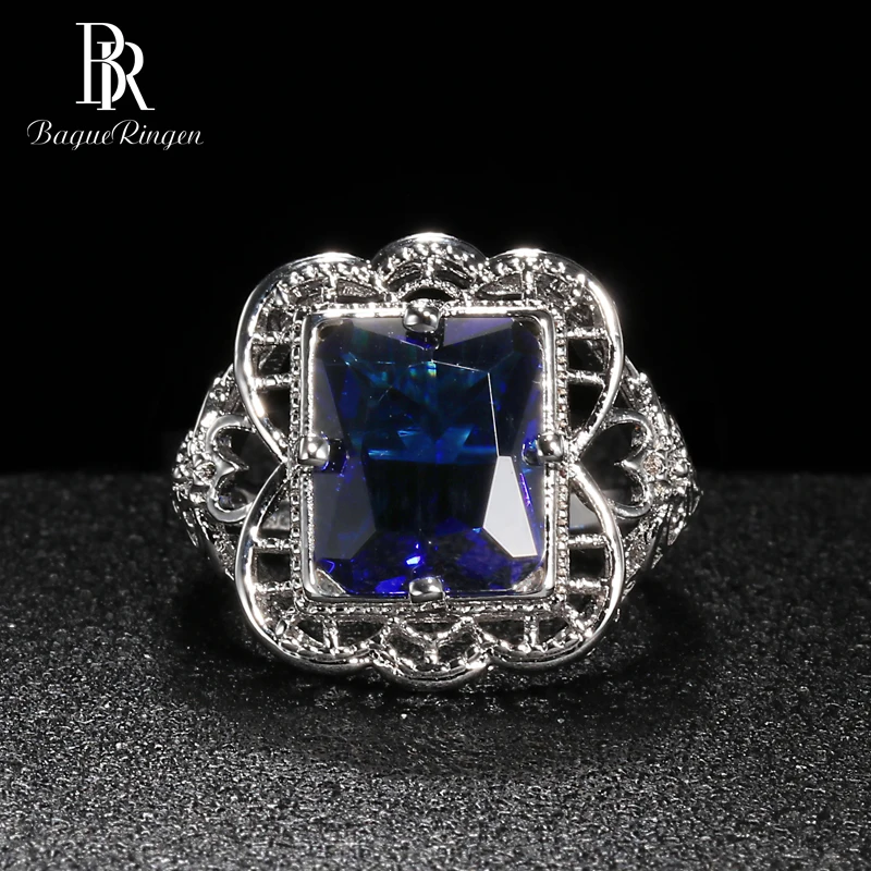 Bague Ringen Дворцовое кольцо с полым узором для женщин, геометрическое сапфировое серебро 925, ювелирное изделие 9*12 мм, драгоценный камень, элегантный темперамент, подарок - Цвет камня: Синий