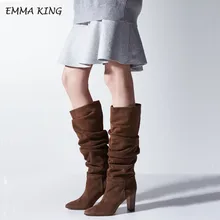 Emma king/женские ботинки новые ботинки до середины икры со складками Женская замшевая обувь с круглым носком на толстом каблуке; модная зимняя женская обувь; Цвет черный, коричневый