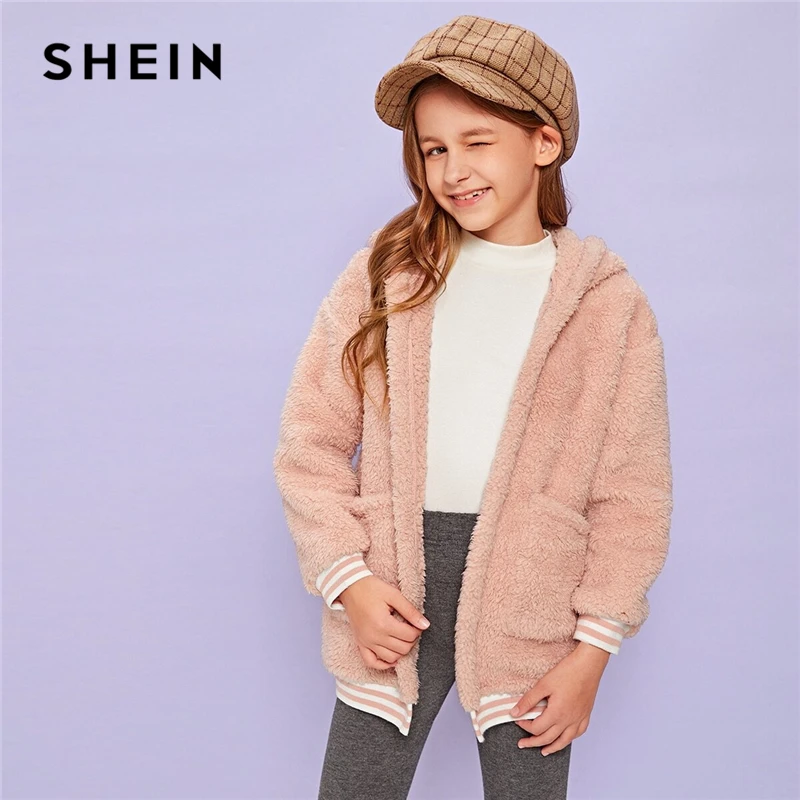 SHEIN/детская розовая куртка в полоску с карманами и капюшоном спереди для девочек; Детское пальто; коллекция года; сезон осень-зима; элегантные куртки с длинными рукавами