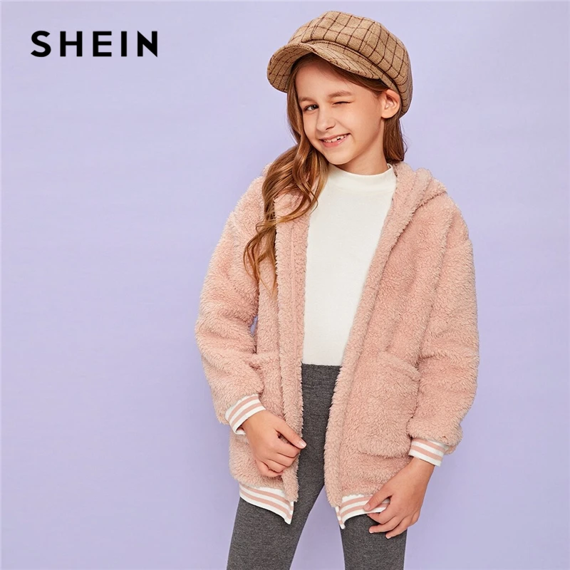 

SHEIN Kiddie Girls Striped Trim Pocket Front Hooded Teddy Jacket Kids Coat 2019 Autumn Long Sleeve Winter Preppy Jackets