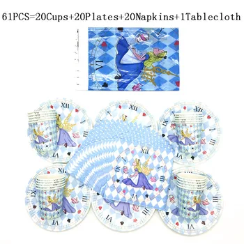 

61PCS/lot Alice Theme Tableware Children Birthday Party Paper Cup Plate Napkin Wedding Dish Glass Tissue Tablecover Supply