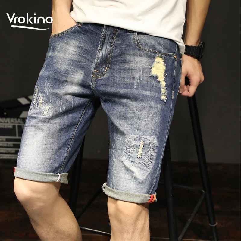 Летние новые стильные мужские рваные джинсовые шорты высокого качества, тонкие Стрейчевые джинсовые шорты, большие размеры 28-40