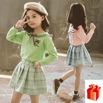 

Girls Spring and Autumn Suit 2020 New Fashion O-neck Long Sleeve + Plaid Skirt Two-piece Girl Small Fresh Skirt Sets 3 5 7 9 11Y