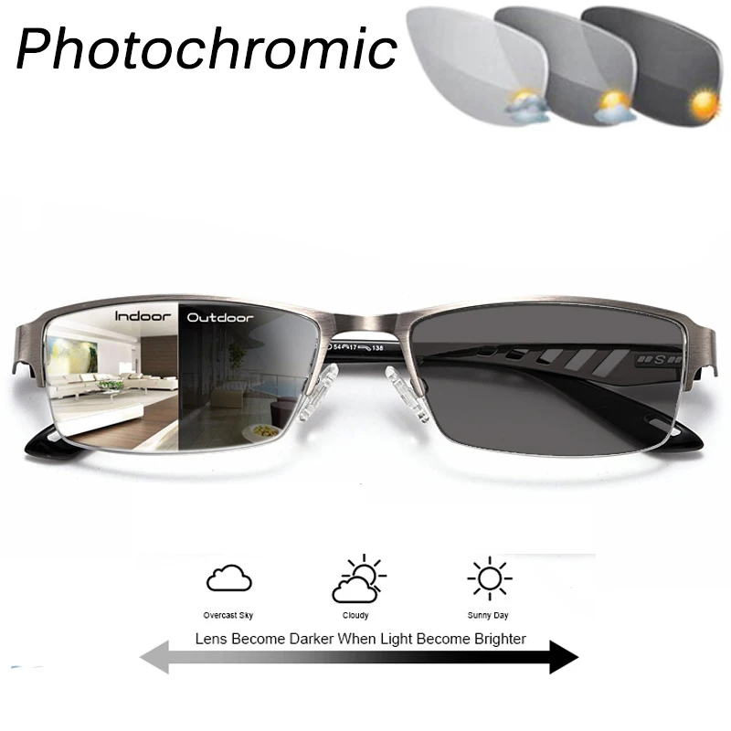 Gafas de lectura fotocromáticas de medio marco para hombre y mujer, lentes de hipermetropía de negocios para exteriores, dioptrías de + 1,0 a 6,0
