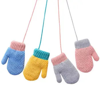

Trendy Cute Solid Color Gloves Kids Boys Girls Knitted Full Finger Rope Hanging Neck Thickening Gloves Warm Winter Mittens