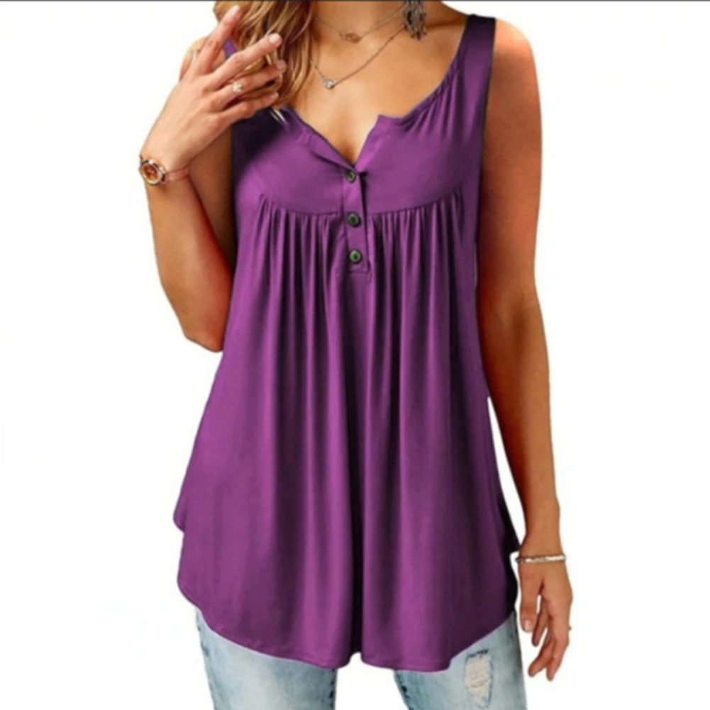 Solid Top Summer Tunic Cotton Blend Casual Women Vest Fashion Party Ruffle Edge V Neck Ladies Button Up Sexy - Цвет: Фиолетовый