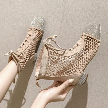 

Shoes Woman Botas Mujer Square Toe Zapatos De Mujer Summer Mesh Hollow Boots Lace Up Boots Women Rhinestone Low Heels Shoes