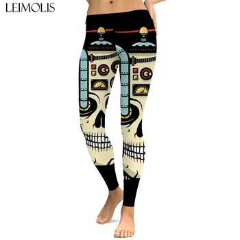 

LEIMOLIS sexy Gothic Mechanics Skull print push up leggings plus size women fitness workout punk high waist spandex leggins